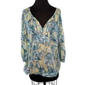 Tyler Boe Blue Green Blouse Abstract Floral Split Neck Tassel 3/4 Sleeve Large L